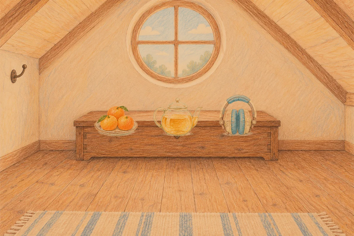 전농동 여성전용 발 부종 케어 안내 그림, 저녁의 다락방 나무 궤짝 위에 놓인 귤이 담긴 접시, 유리 티포트, 헤드폰