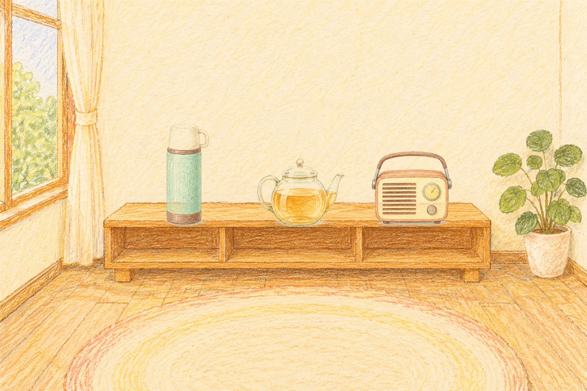 전농동 여성전용 발관리 후기 안내 그림, 낮의 창가 낮은 선반 위에 놓인 보온병, 유리 티포트, 작은 라디오