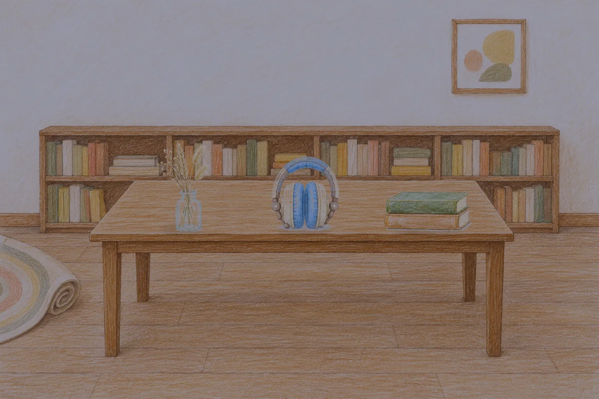 전농동 여성전용 종아리 케어 안내 그림, 밤의 서재 긴 책상 위에 놓인 마른 풀을 꽂은 항아리, 헤드폰, 책 두 권