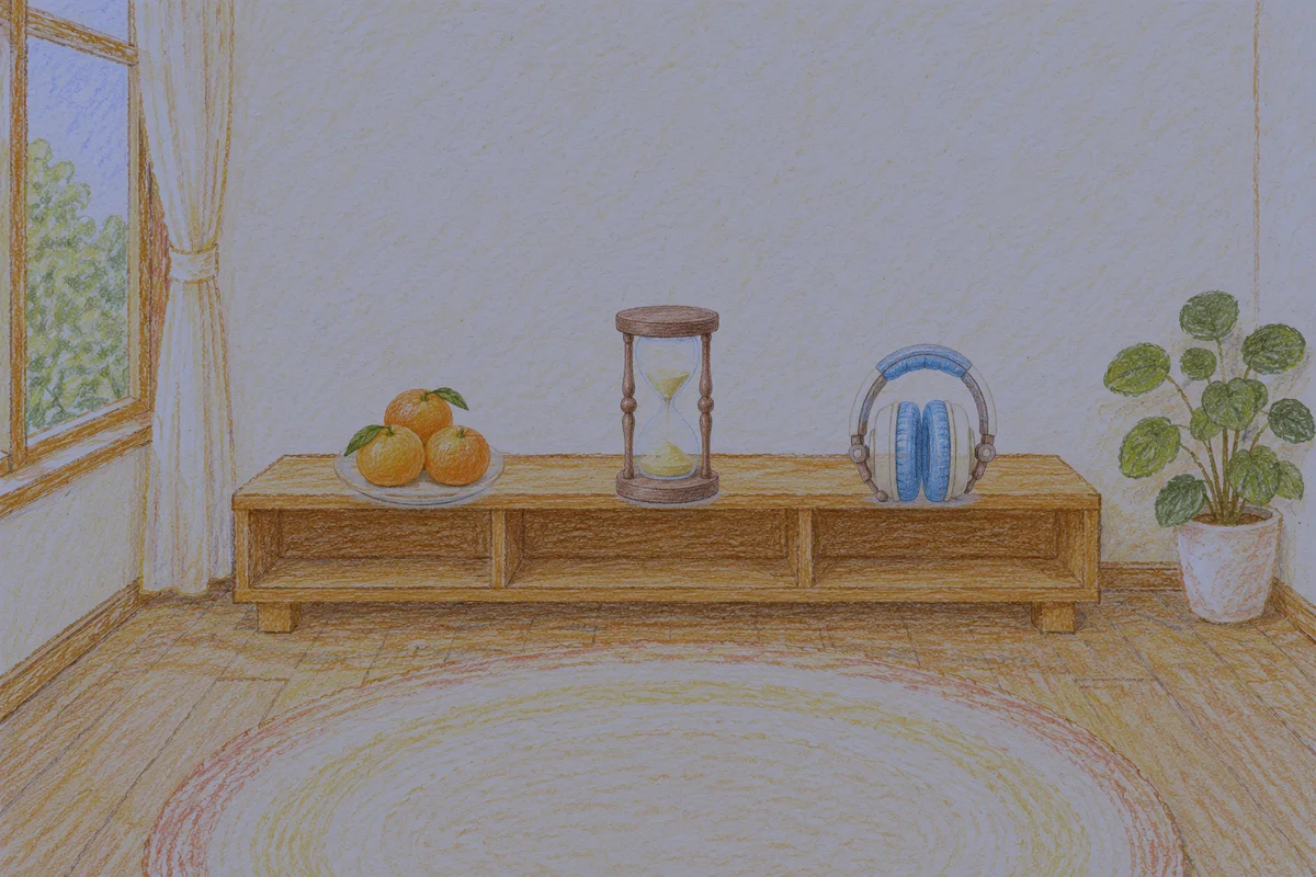 전농동 여성전용 등 마사지 안내 그림, 밤의 창가 낮은 선반 위에 놓인 귤이 담긴 접시, 모래시계, 헤드폰