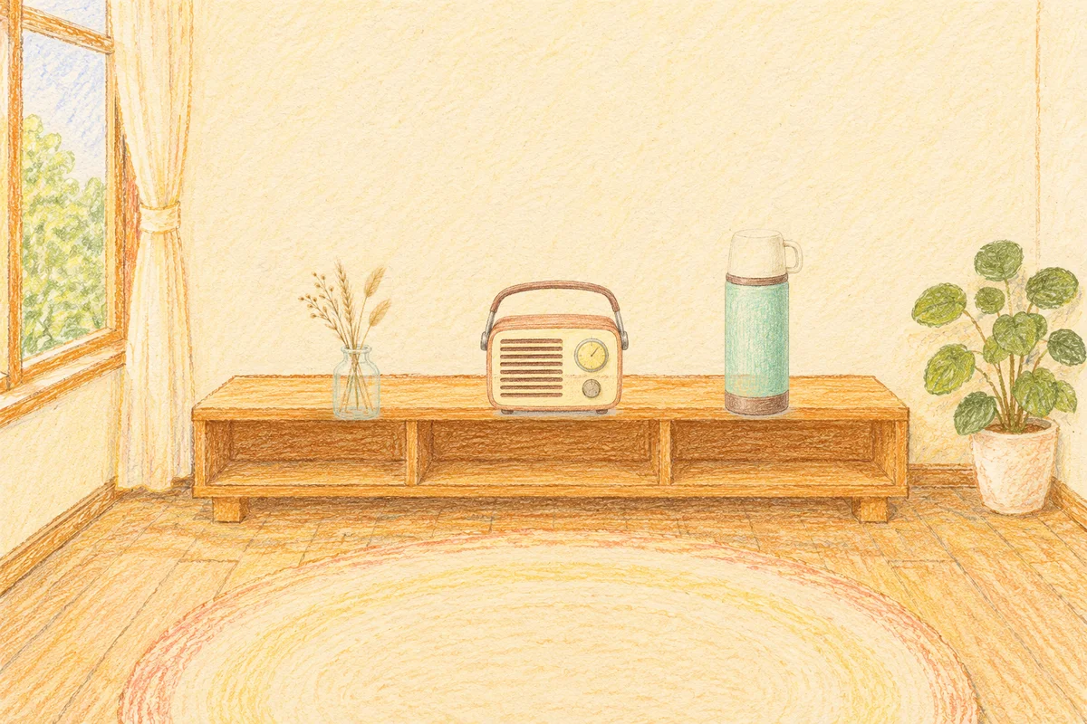전농동 여성전용 림프 페이셜 안내 그림, 낮의 창가 낮은 선반 위에 놓인 마른 풀을 꽂은 항아리, 작은 라디오, 보온병