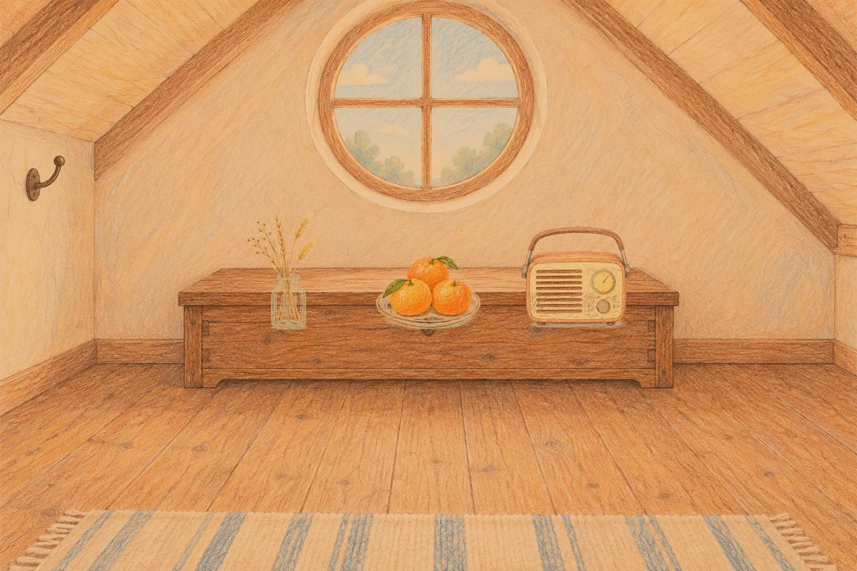 전농동 여성전용 브라이덜 케어 안내 그림, 저녁의 다락방 나무 궤짝 위에 놓인 마른 풀을 꽂은 항아리, 귤이 담긴 접시, 작은 라디오