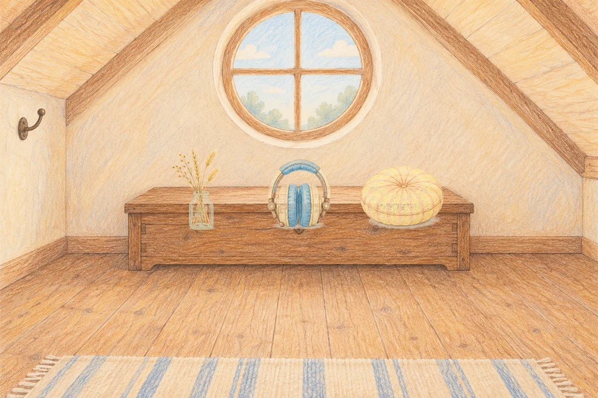 전농동 여성전용 예약 마사지 안내 그림, 낮의 다락방 나무 궤짝 위에 놓인 마른 풀을 꽂은 항아리, 헤드폰, 둥근 쿠션