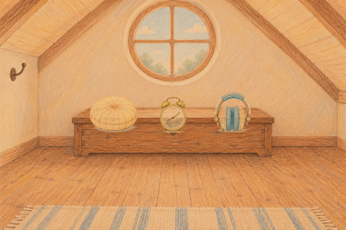 답십리 여성전용 아로마테라피 안내 그림, 저녁의 다락방 나무 궤짝 위에 놓인 둥근 쿠션, 둥근 알람시계, 헤드폰