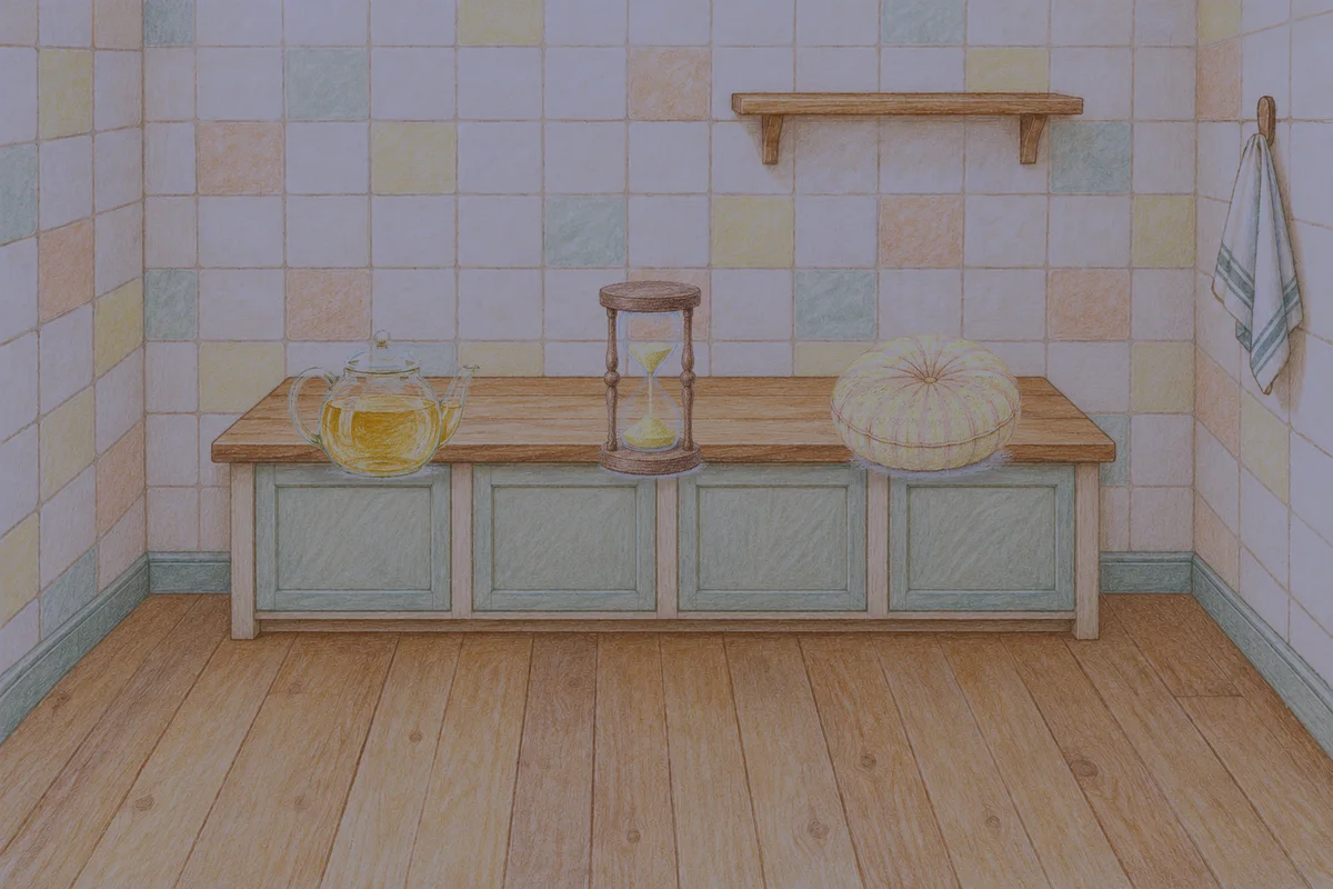 답십리 여성전용 아로마 추천 안내 그림, 밤의 부엌 나무 조리대 위에 놓인 유리 티포트, 모래시계, 둥근 쿠션