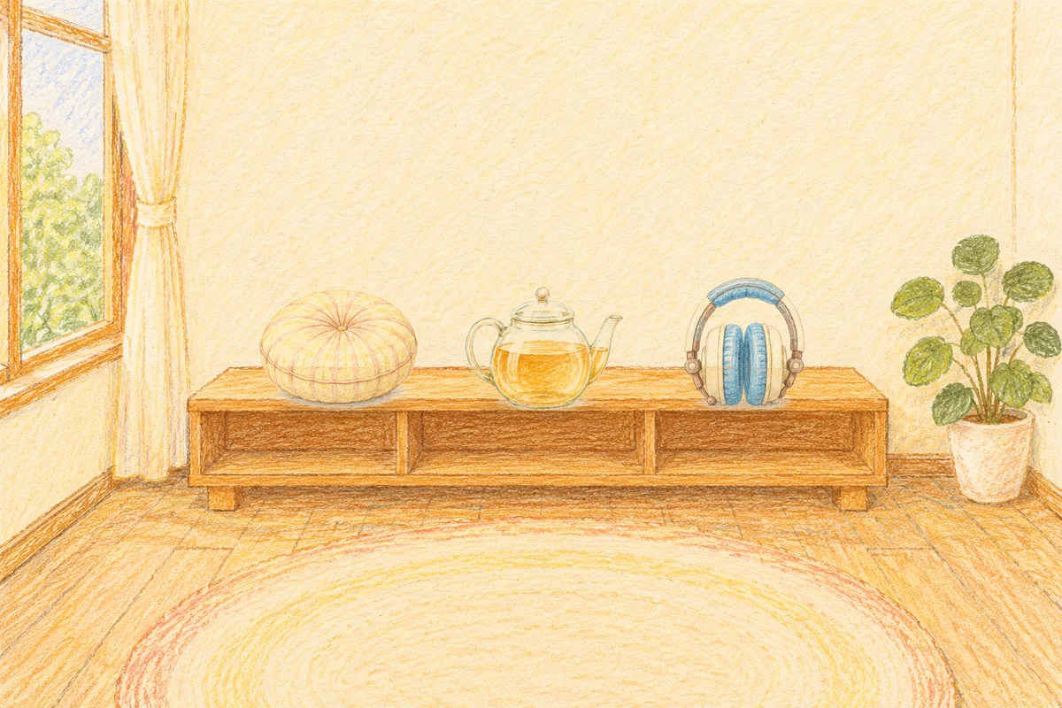답십리 여성전용 얼굴 경락 안내 그림, 낮의 창가 낮은 선반 위에 놓인 둥근 쿠션, 유리 티포트, 헤드폰