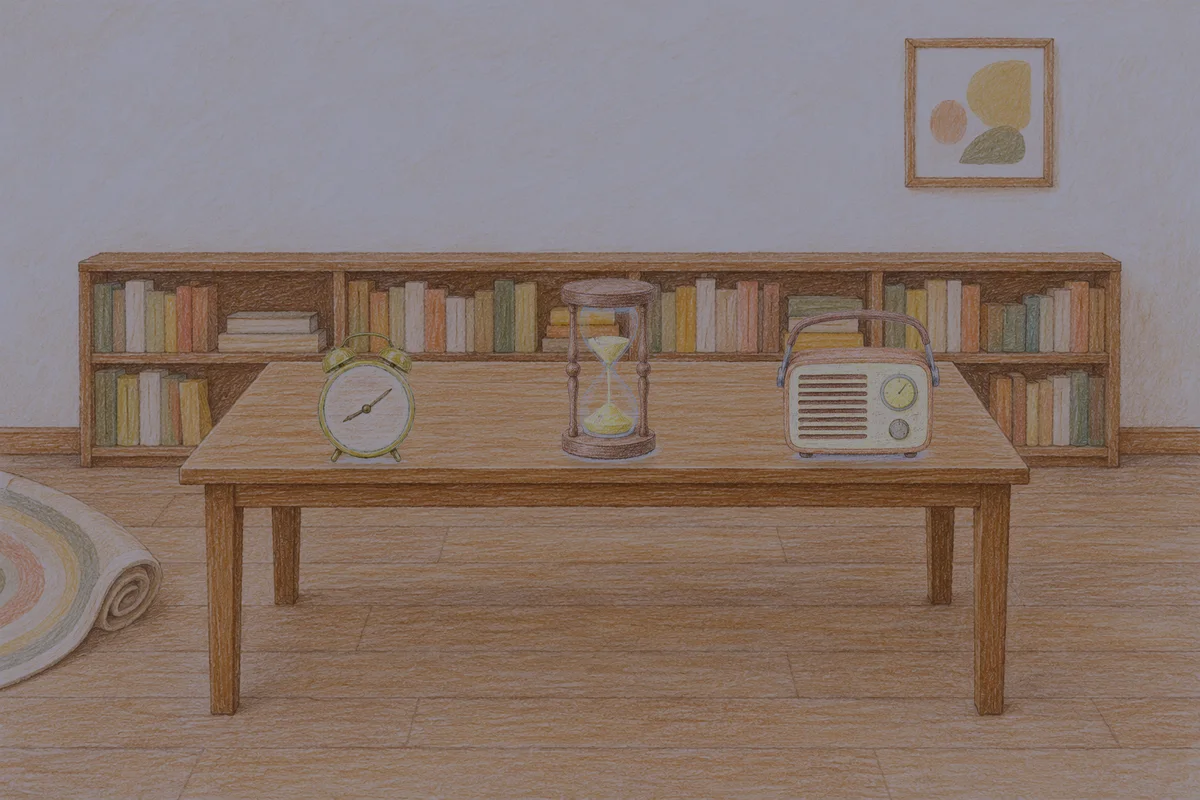 답십리 여성전용 경락 가격 안내 그림, 밤의 서재 긴 책상 위에 놓인 둥근 알람시계, 모래시계, 작은 라디오