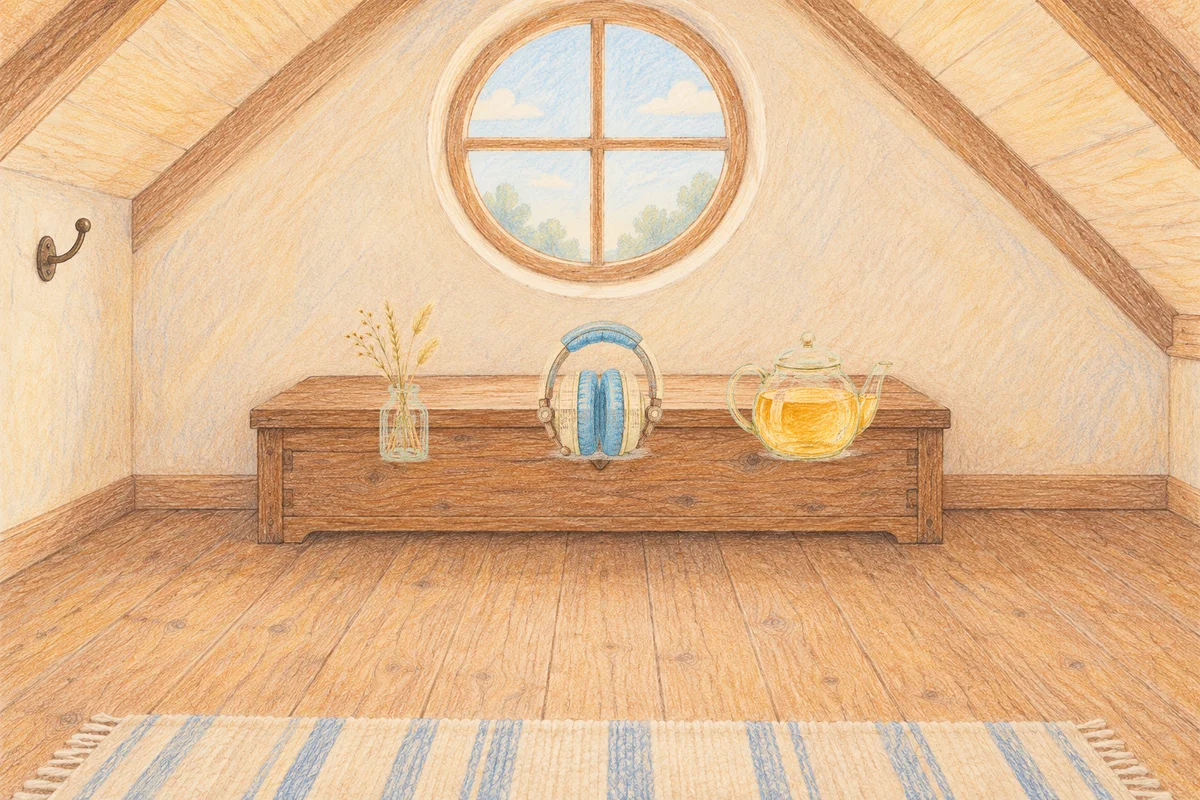답십리 여성전용 경락 추천 안내 그림, 낮의 다락방 나무 궤짝 위에 놓인 마른 풀을 꽂은 항아리, 헤드폰, 유리 티포트