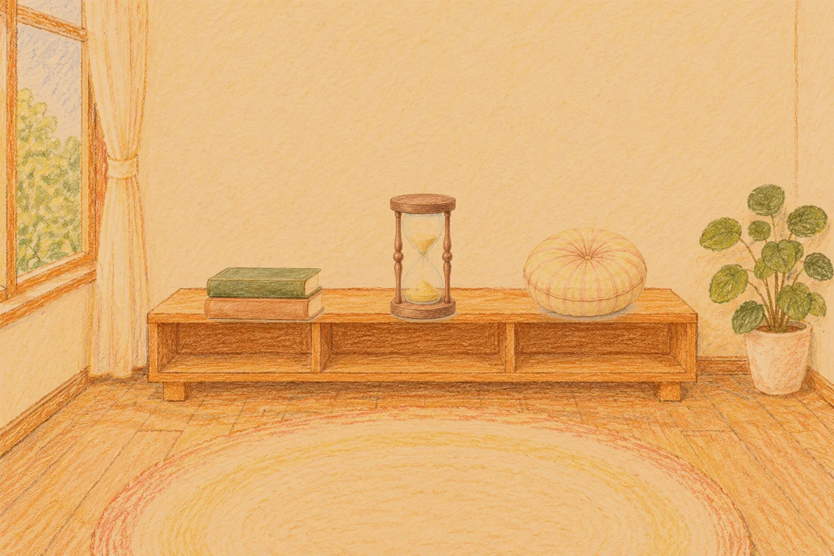 답십리 여성전용 홈케어 서비스 안내 그림, 저녁의 창가 낮은 선반 위에 놓인 책 두 권, 모래시계, 둥근 쿠션