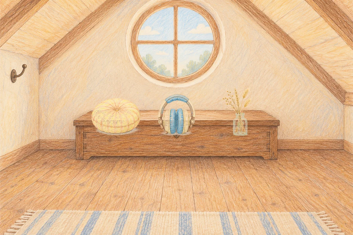 답십리 여성전용 발 케어 안내 그림, 낮의 다락방 나무 궤짝 위에 놓인 둥근 쿠션, 헤드폰, 마른 풀을 꽂은 항아리