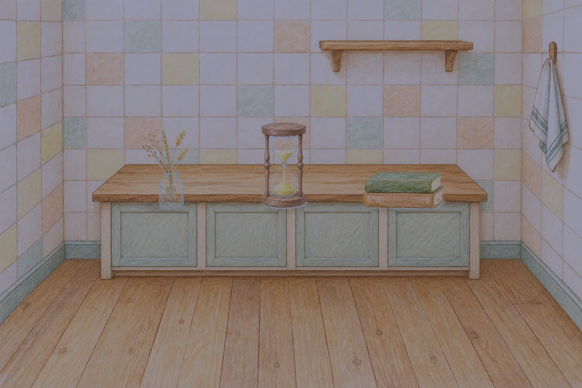 답십리 여성전용 발 부종 케어 안내 그림, 밤의 부엌 나무 조리대 위에 놓인 마른 풀을 꽂은 항아리, 모래시계, 책 두 권