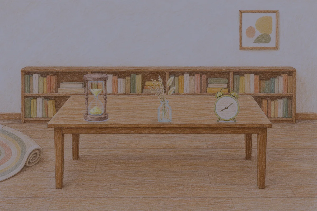 답십리 여성전용 발관리 후기 안내 그림, 밤의 서재 긴 책상 위에 놓인 모래시계, 마른 풀을 꽂은 항아리, 둥근 알람시계
