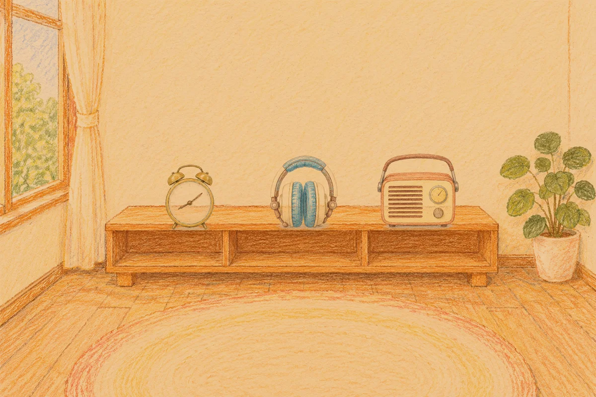 답십리 여성전용 발관리 추천 안내 그림, 저녁의 창가 낮은 선반 위에 놓인 둥근 알람시계, 헤드폰, 작은 라디오