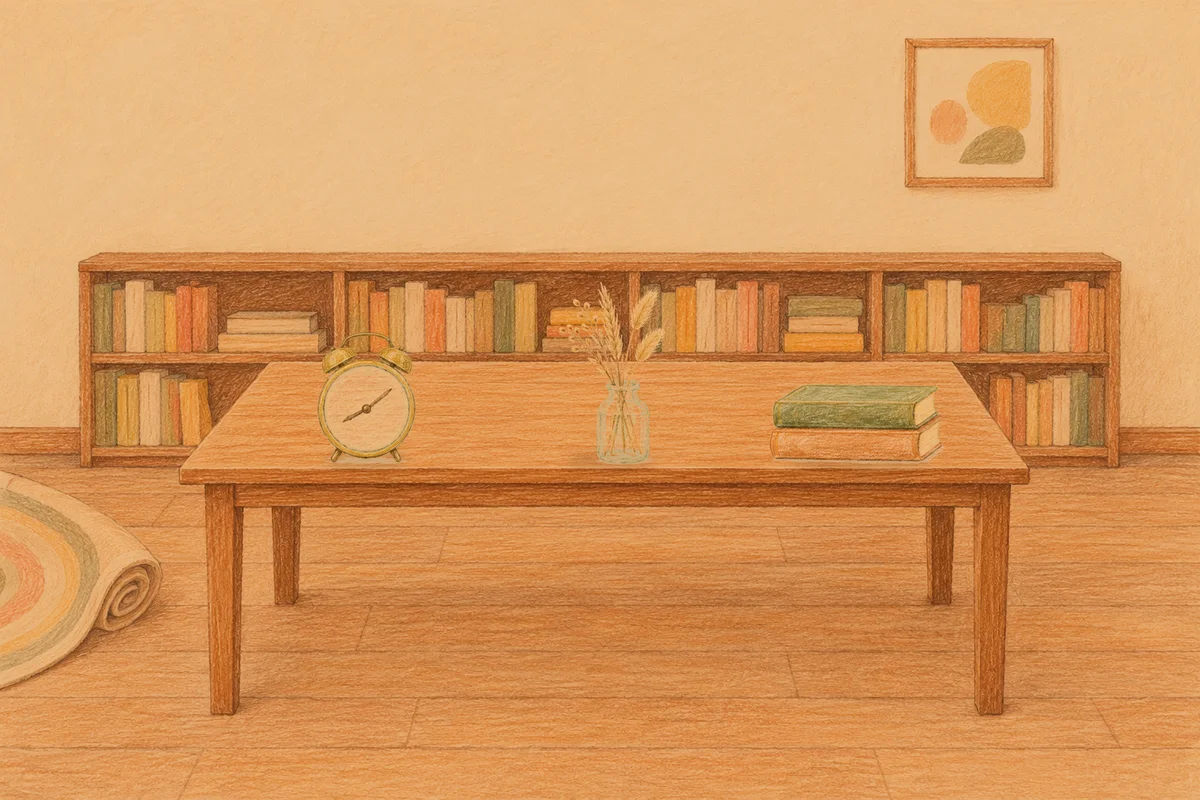 답십리 여성전용 림프 마사지 안내 그림, 저녁의 서재 긴 책상 위에 놓인 둥근 알람시계, 마른 풀을 꽂은 항아리, 책 두 권