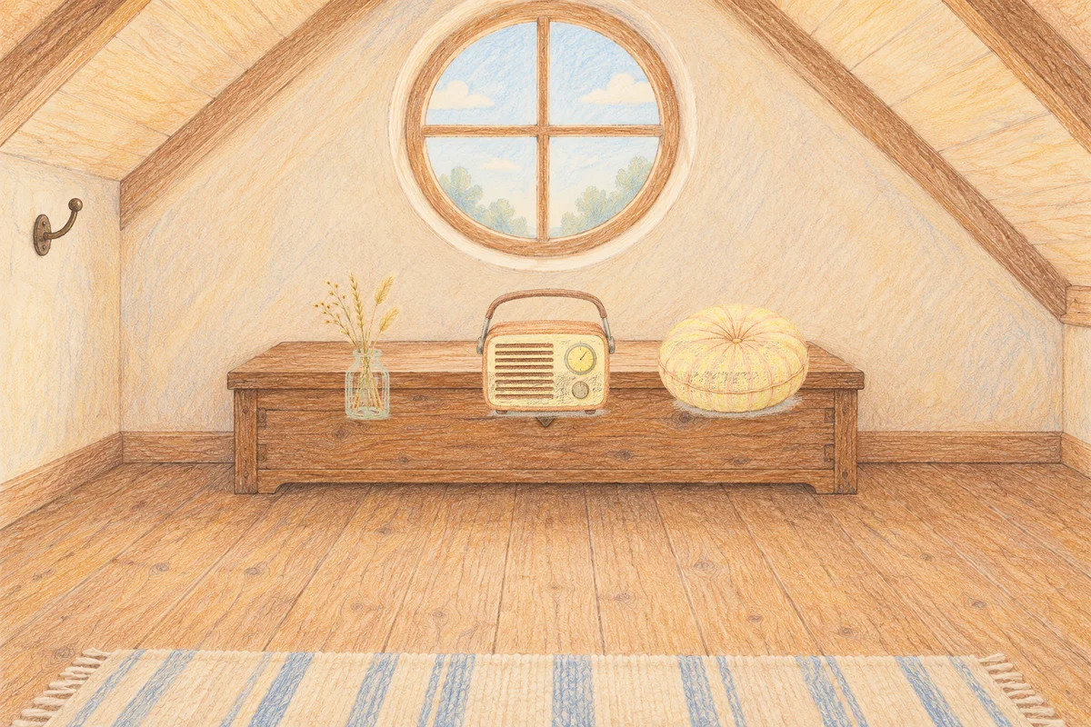 답십리 여성전용 부종 케어 안내 그림, 낮의 다락방 나무 궤짝 위에 놓인 마른 풀을 꽂은 항아리, 작은 라디오, 둥근 쿠션