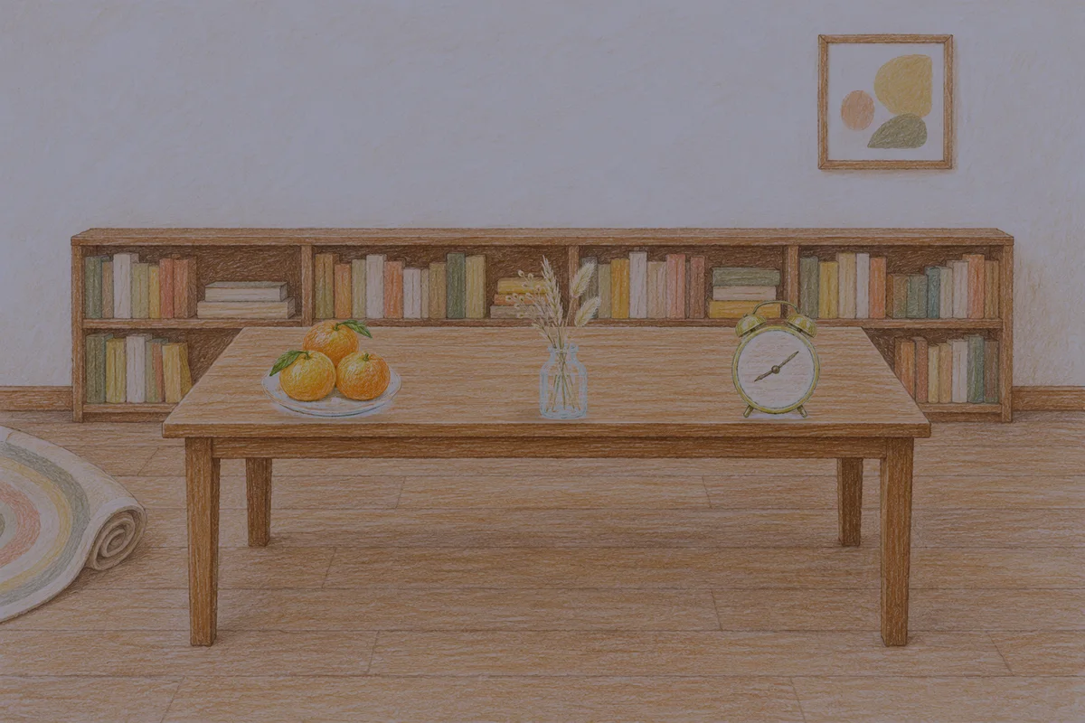 답십리 여성전용 셀룰라이트 관리 안내 그림, 밤의 서재 긴 책상 위에 놓인 귤이 담긴 접시, 마른 풀을 꽂은 항아리, 둥근 알람시계