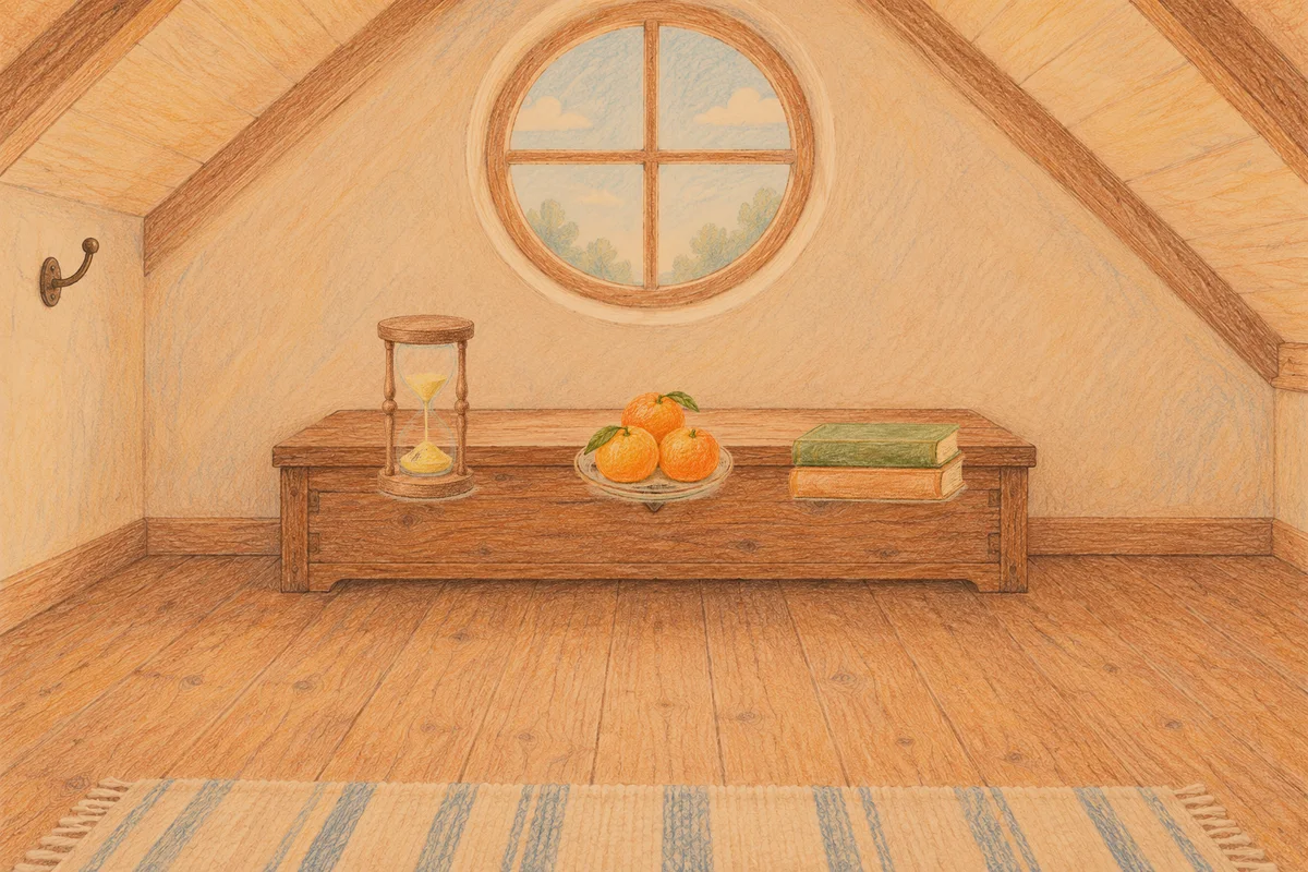 답십리 여성전용 슬리밍 마사지 안내 그림, 저녁의 다락방 나무 궤짝 위에 놓인 모래시계, 귤이 담긴 접시, 책 두 권