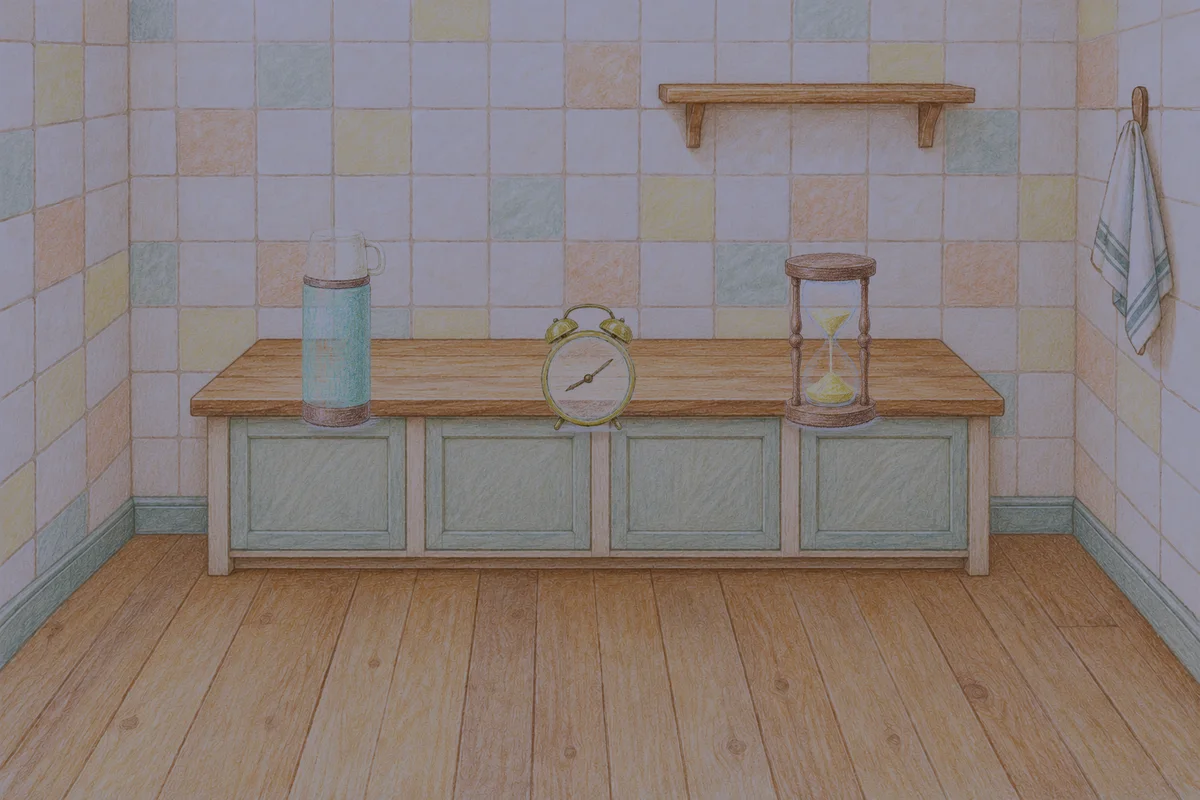 답십리 여성전용 복부 마사지 안내 그림, 밤의 부엌 나무 조리대 위에 놓인 보온병, 둥근 알람시계, 모래시계
