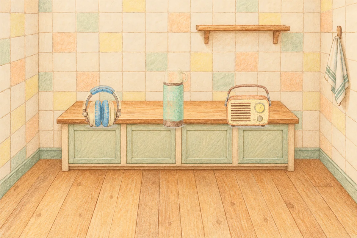 답십리 여성전용 등 마사지 안내 그림, 낮의 부엌 나무 조리대 위에 놓인 헤드폰, 보온병, 작은 라디오