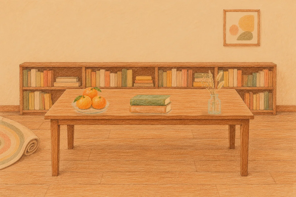 답십리 여성전용 두피 마사지 안내 그림, 저녁의 서재 긴 책상 위에 놓인 귤이 담긴 접시, 책 두 권, 마른 풀을 꽂은 항아리