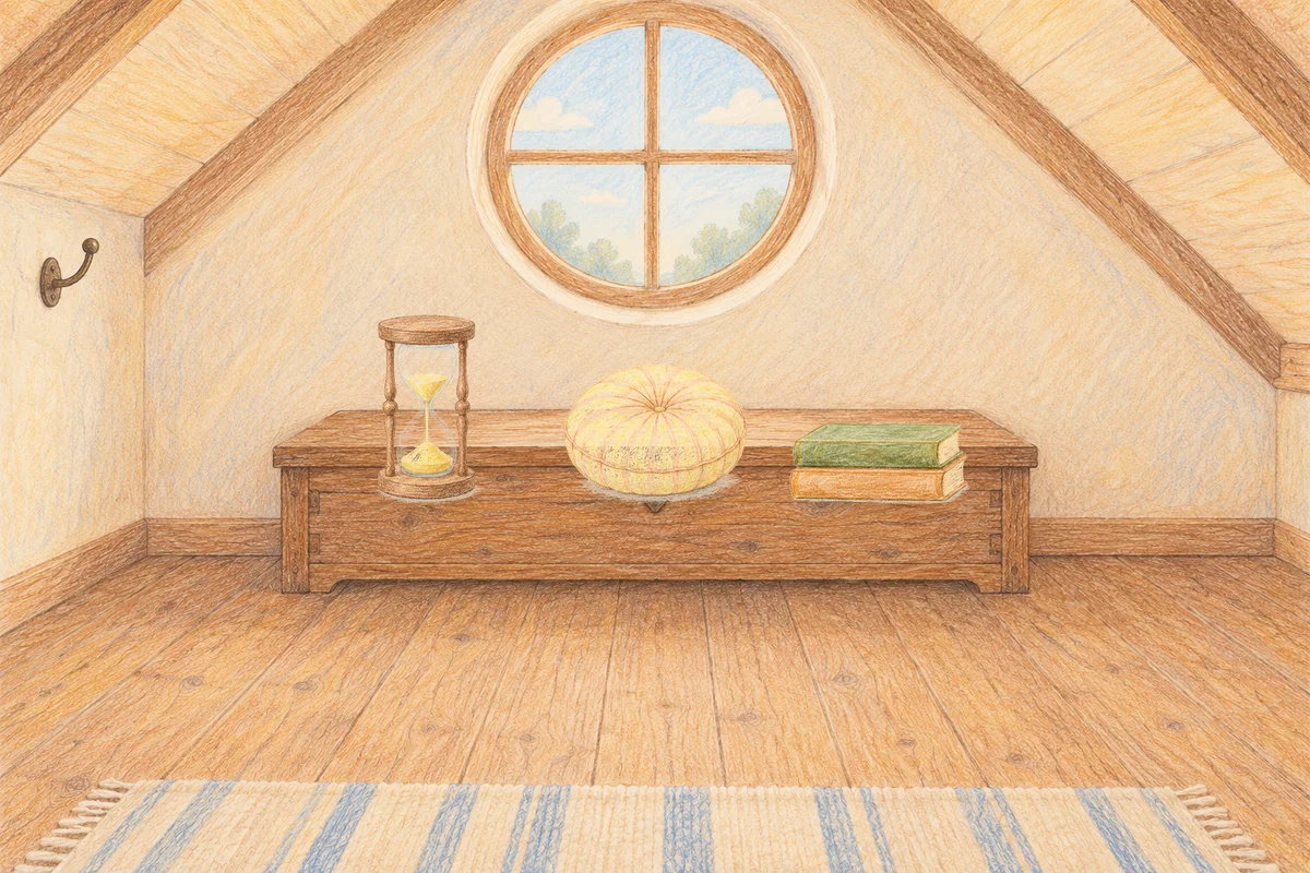 답십리 여성전용 목 어깨 케어 안내 그림, 낮의 다락방 나무 궤짝 위에 놓인 모래시계, 둥근 쿠션, 책 두 권