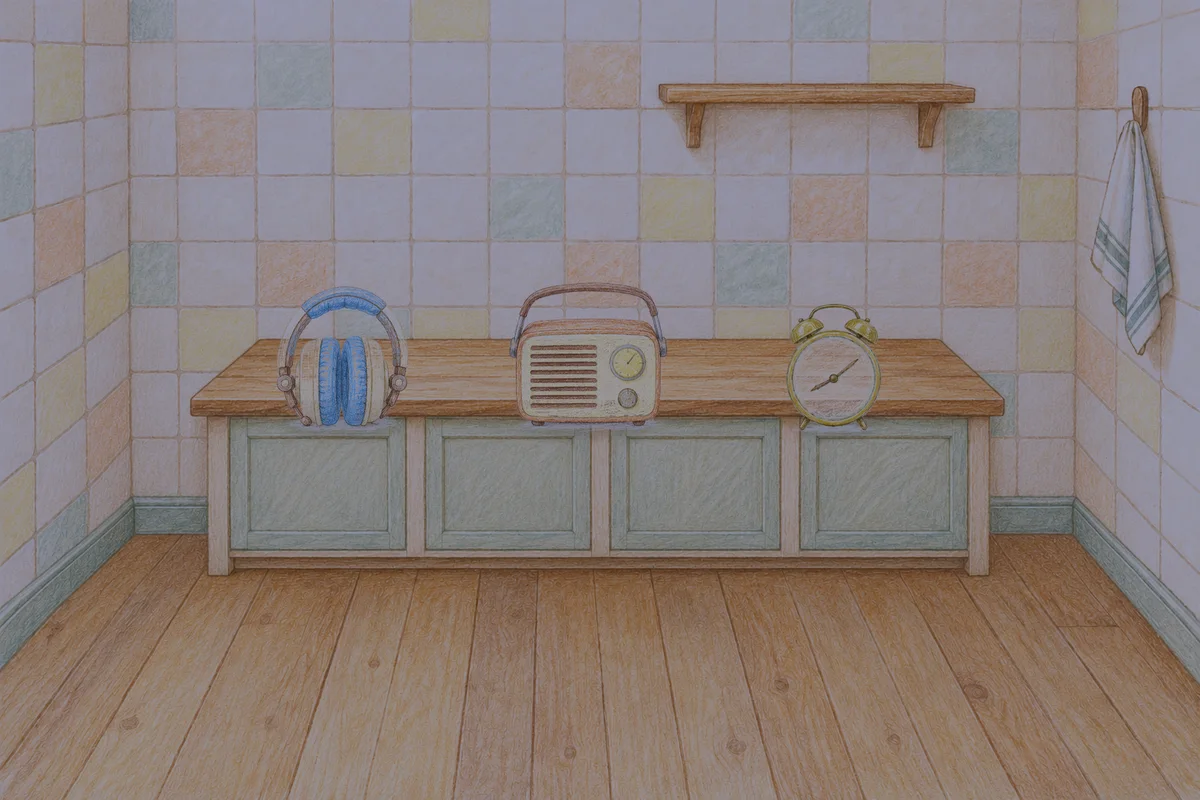 답십리 여성전용 수면 케어 안내 그림, 밤의 부엌 나무 조리대 위에 놓인 헤드폰, 작은 라디오, 둥근 알람시계