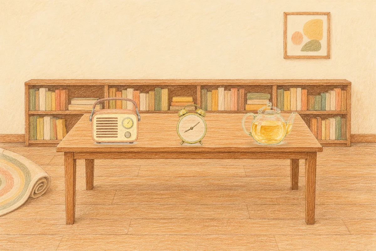 답십리 여성전용 안티에이징 케어 안내 그림, 낮의 서재 긴 책상 위에 놓인 작은 라디오, 둥근 알람시계, 유리 티포트