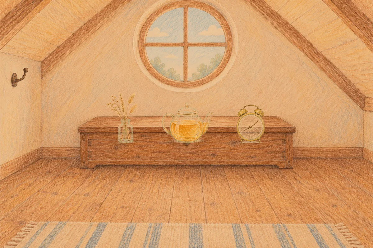 답십리 여성전용 샵 마사지 안내 그림, 저녁의 다락방 나무 궤짝 위에 놓인 마른 풀을 꽂은 항아리, 유리 티포트, 둥근 알람시계