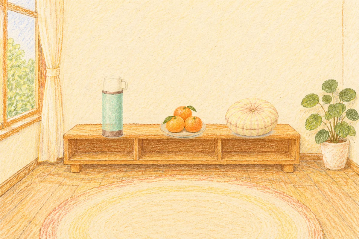 답십리 여성전용 출장 마사지 안내 그림, 낮의 창가 낮은 선반 위에 놓인 보온병, 귤이 담긴 접시, 둥근 쿠션
