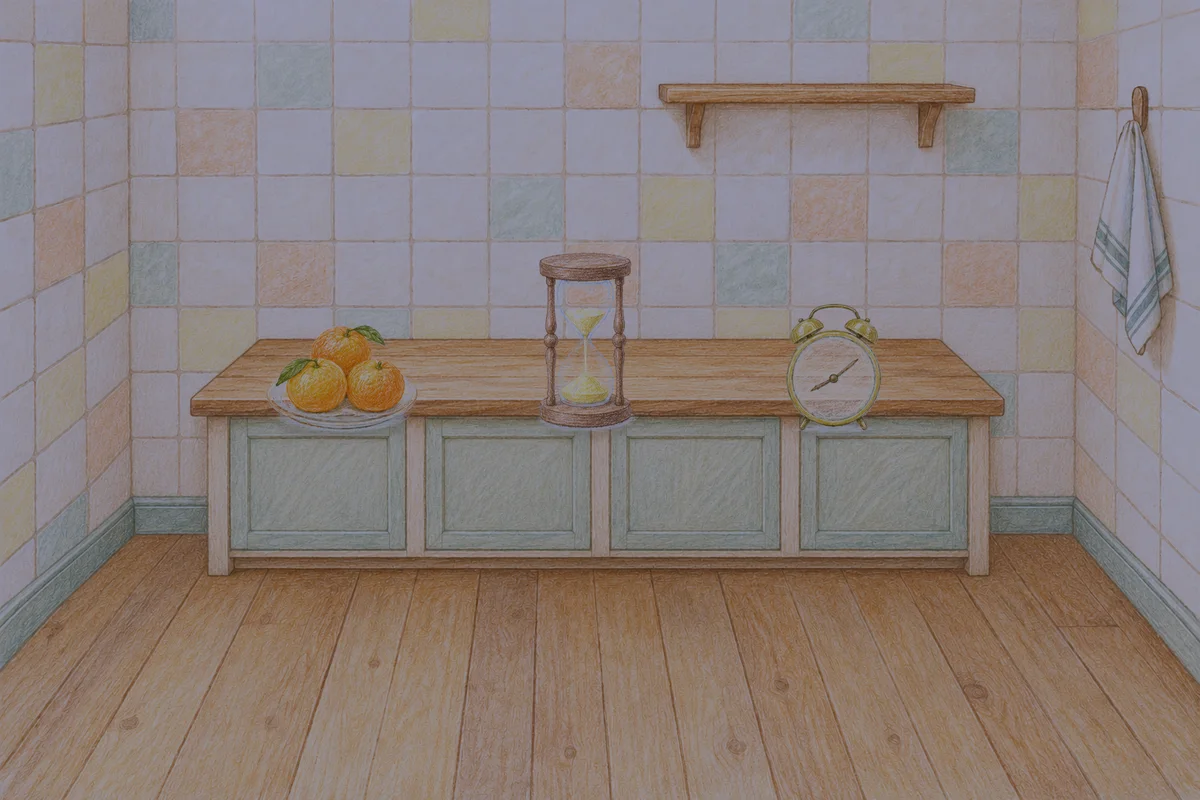 휘경동 여성전용 스웨디시 마사지 안내 그림, 밤의 부엌 나무 조리대 위에 놓인 귤이 담긴 접시, 모래시계, 둥근 알람시계