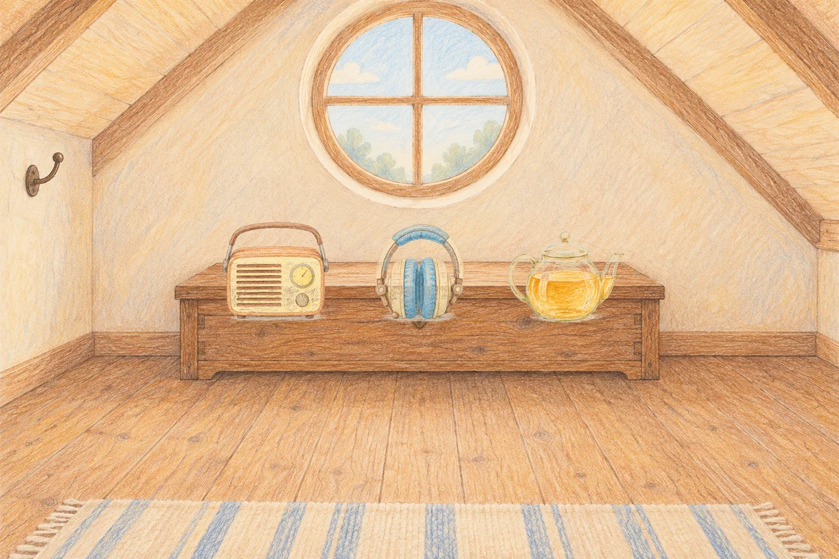 휘경동 여성전용 아로마 마사지 안내 그림, 낮의 다락방 나무 궤짝 위에 놓인 작은 라디오, 헤드폰, 유리 티포트