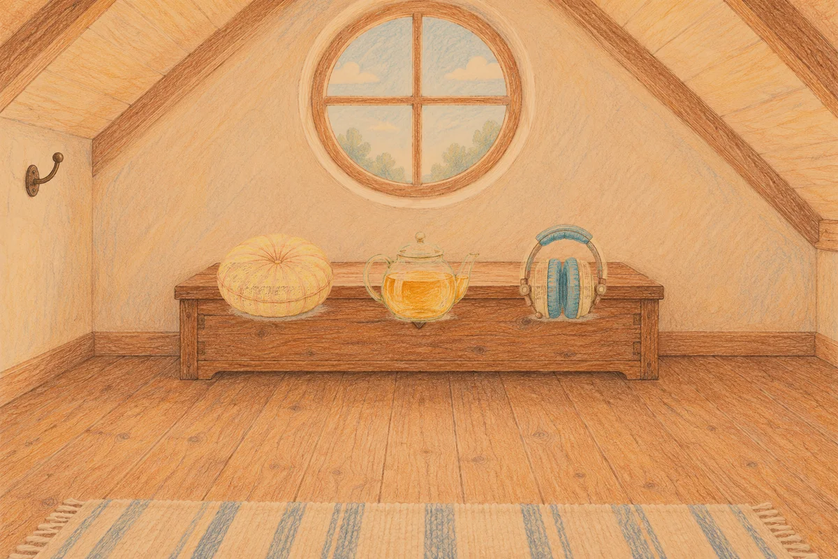 휘경동 여성전용 라벤더 아로마 안내 그림, 저녁의 다락방 나무 궤짝 위에 놓인 둥근 쿠션, 유리 티포트, 헤드폰