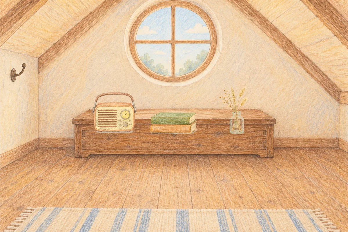 휘경동 여성전용 경락 마사지 안내 그림, 낮의 다락방 나무 궤짝 위에 놓인 작은 라디오, 책 두 권, 마른 풀을 꽂은 항아리