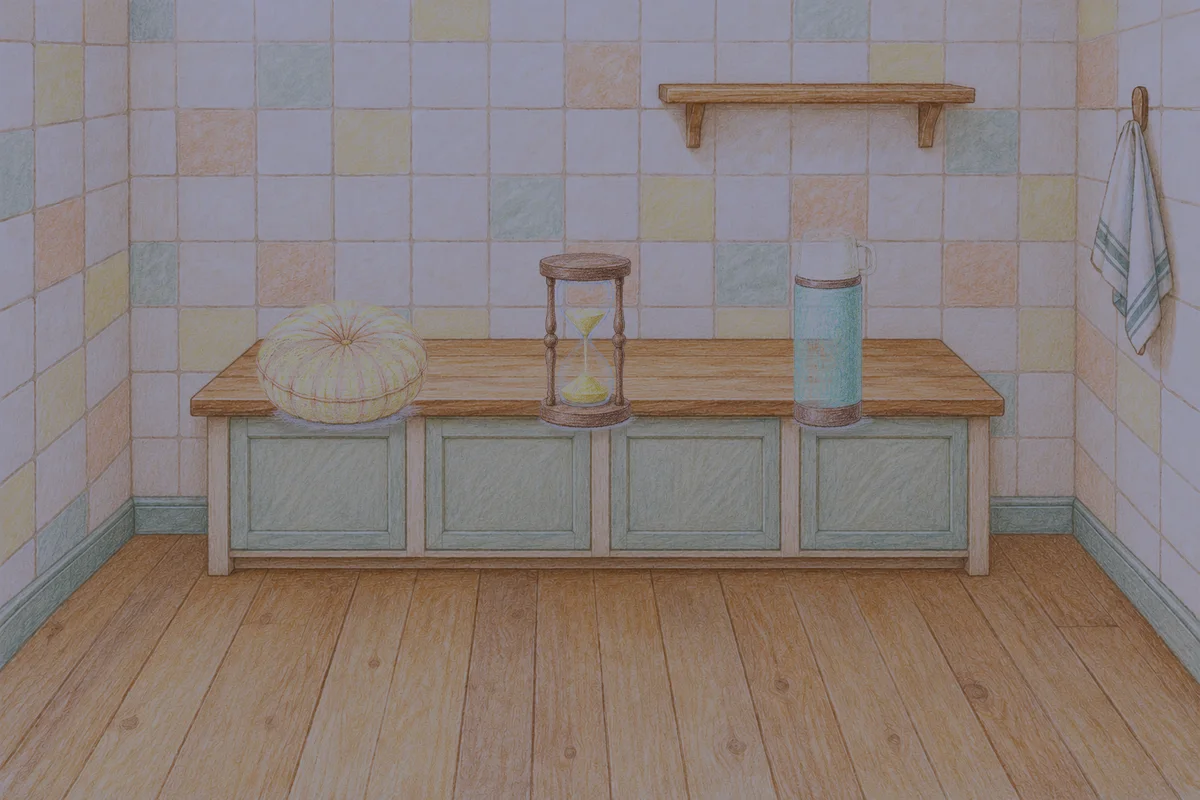휘경동 여성전용 경락마사지 후기 안내 그림, 밤의 부엌 나무 조리대 위에 놓인 둥근 쿠션, 모래시계, 보온병