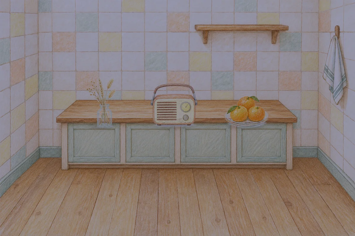 휘경동 여성전용 경락 가격 안내 그림, 밤의 부엌 나무 조리대 위에 놓인 마른 풀을 꽂은 항아리, 작은 라디오, 귤이 담긴 접시