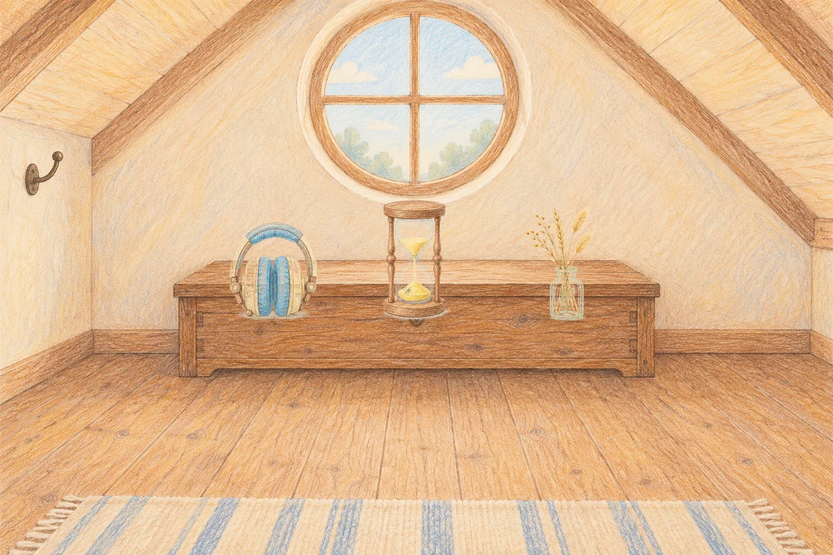 휘경동 여성전용 방문 마사지 안내 그림, 낮의 다락방 나무 궤짝 위에 놓인 헤드폰, 모래시계, 마른 풀을 꽂은 항아리