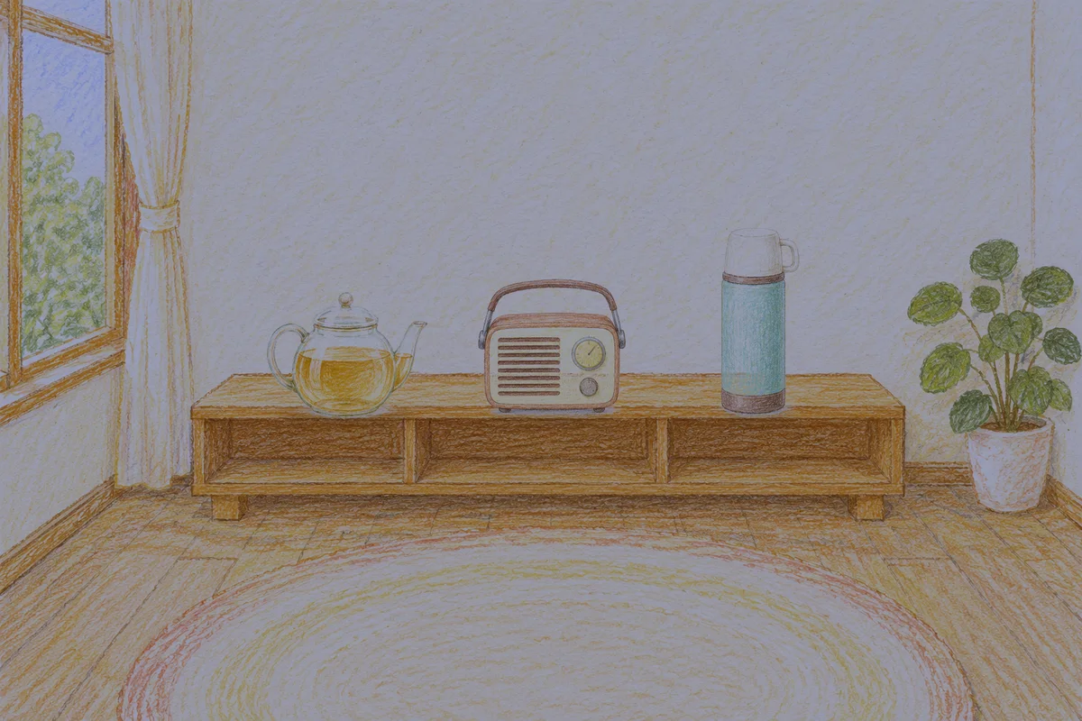 휘경동 여성전용 홈케어 서비스 안내 그림, 밤의 창가 낮은 선반 위에 놓인 유리 티포트, 작은 라디오, 보온병