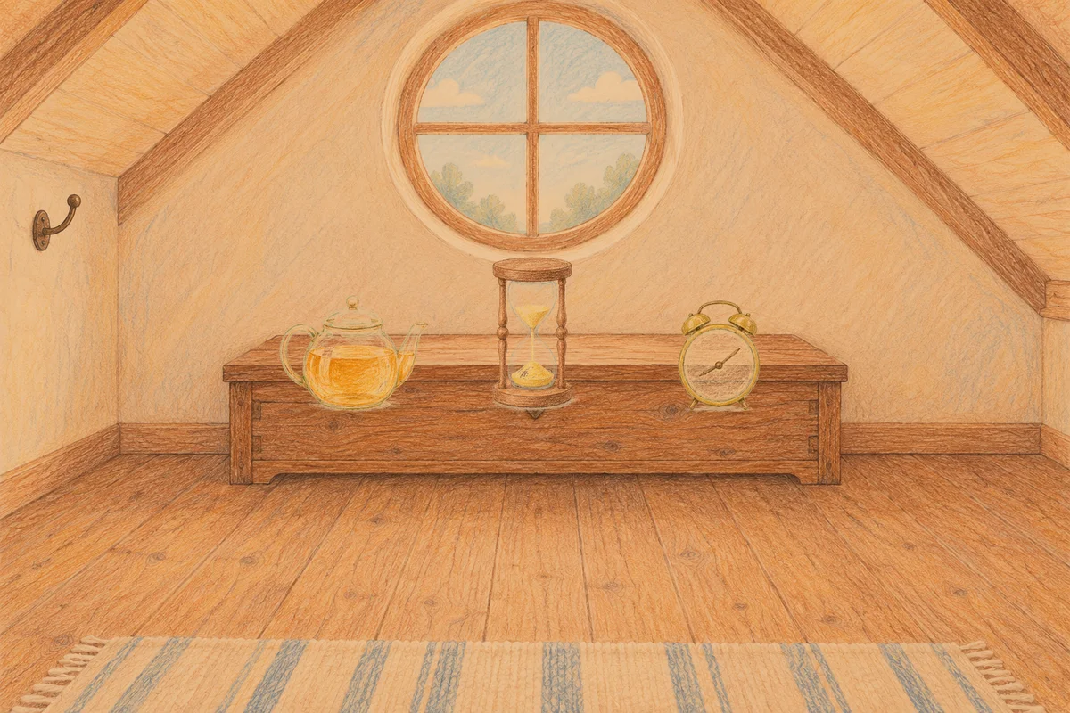 휘경동 여성전용 방문 홈케어 안내 그림, 저녁의 다락방 나무 궤짝 위에 놓인 유리 티포트, 모래시계, 둥근 알람시계