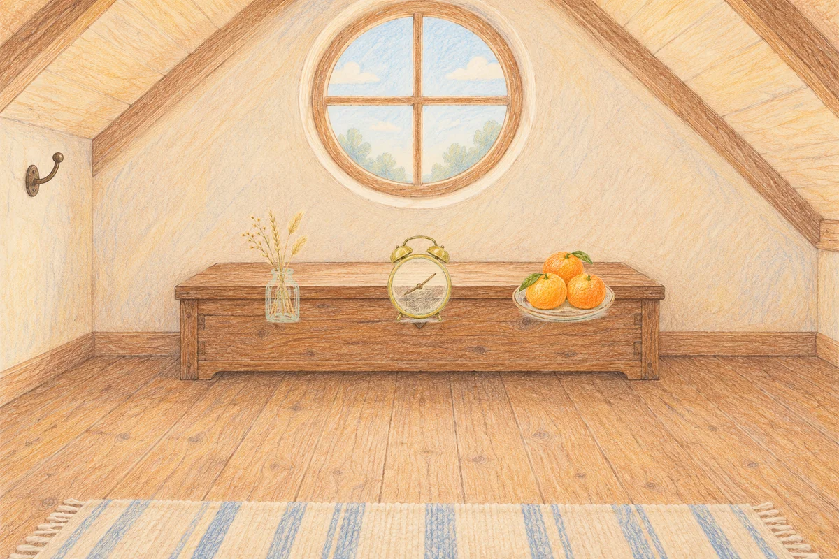 휘경동 여성전용 발마사지 안내 그림, 낮의 다락방 나무 궤짝 위에 놓인 마른 풀을 꽂은 항아리, 둥근 알람시계, 귤이 담긴 접시