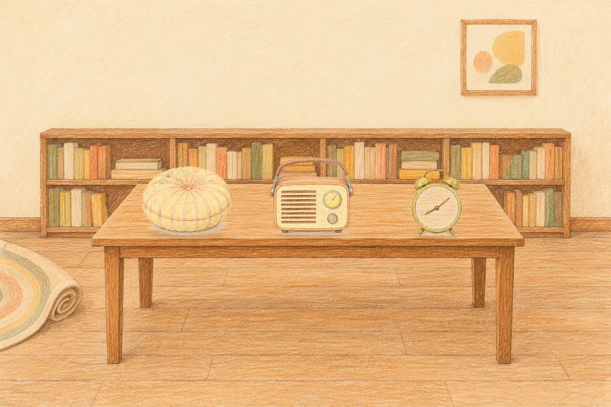 휘경동 여성전용 발 케어 안내 그림, 낮의 서재 긴 책상 위에 놓인 둥근 쿠션, 작은 라디오, 둥근 알람시계