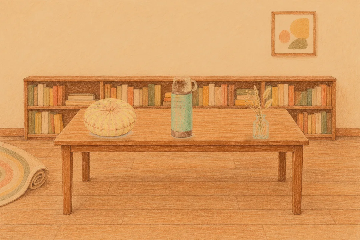 휘경동 여성전용 발 부종 케어 안내 그림, 저녁의 서재 긴 책상 위에 놓인 둥근 쿠션, 보온병, 마른 풀을 꽂은 항아리