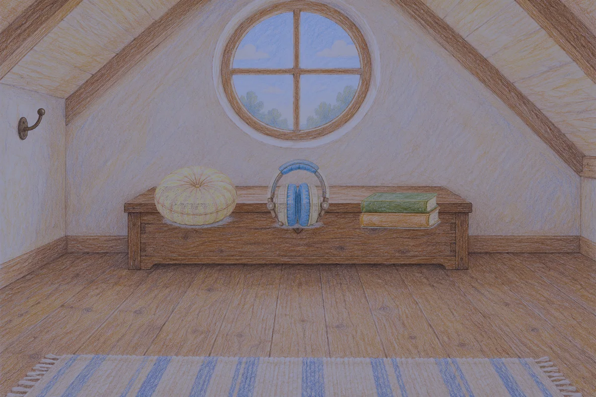 휘경동 여성전용 복부 마사지 안내 그림, 밤의 다락방 나무 궤짝 위에 놓인 둥근 쿠션, 헤드폰, 책 두 권
