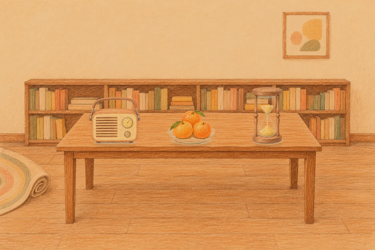 휘경동 여성전용 등 마사지 안내 그림, 저녁의 서재 긴 책상 위에 놓인 작은 라디오, 귤이 담긴 접시, 모래시계