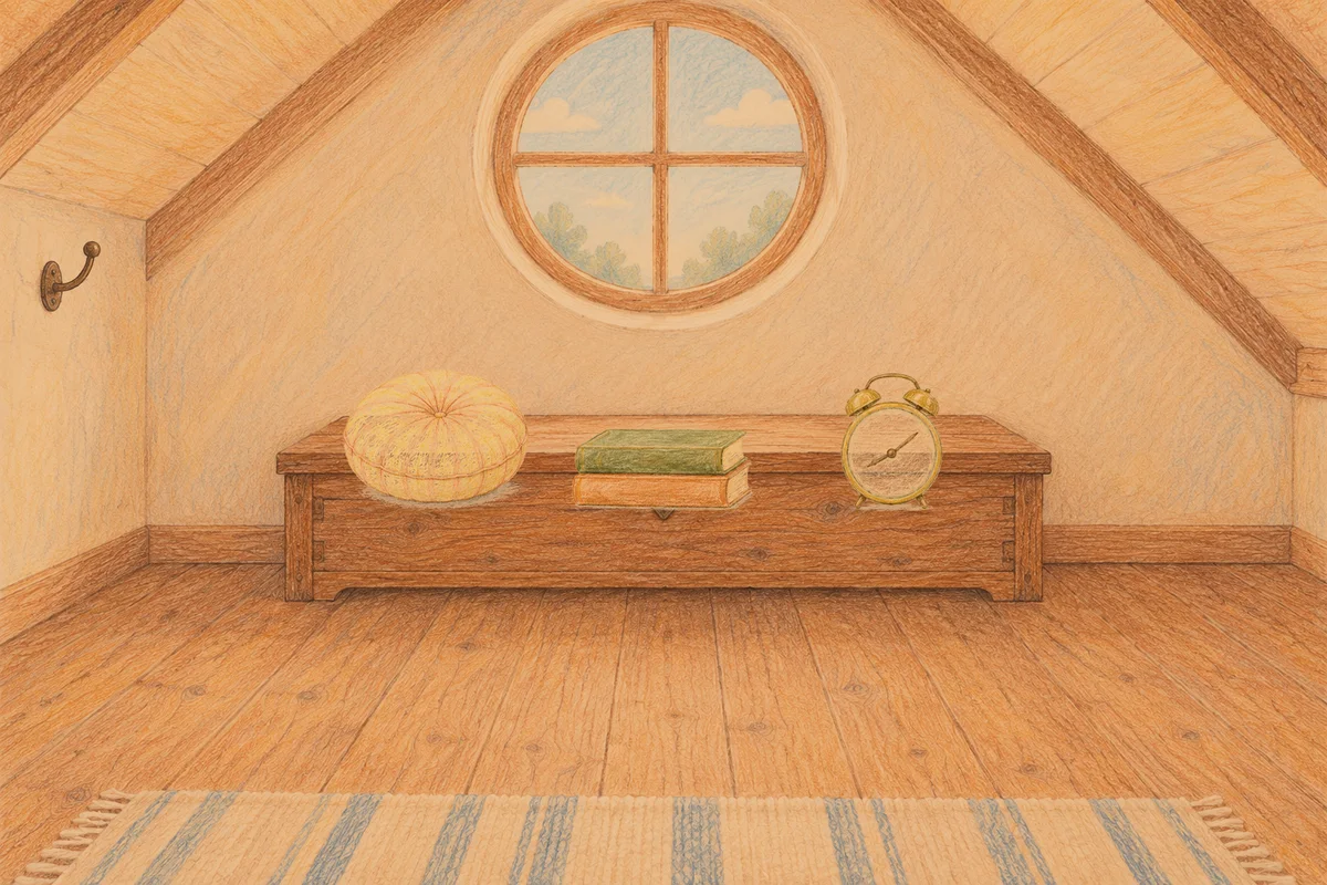 휘경동 여성전용 어깨 마사지 안내 그림, 저녁의 다락방 나무 궤짝 위에 놓인 둥근 쿠션, 책 두 권, 둥근 알람시계