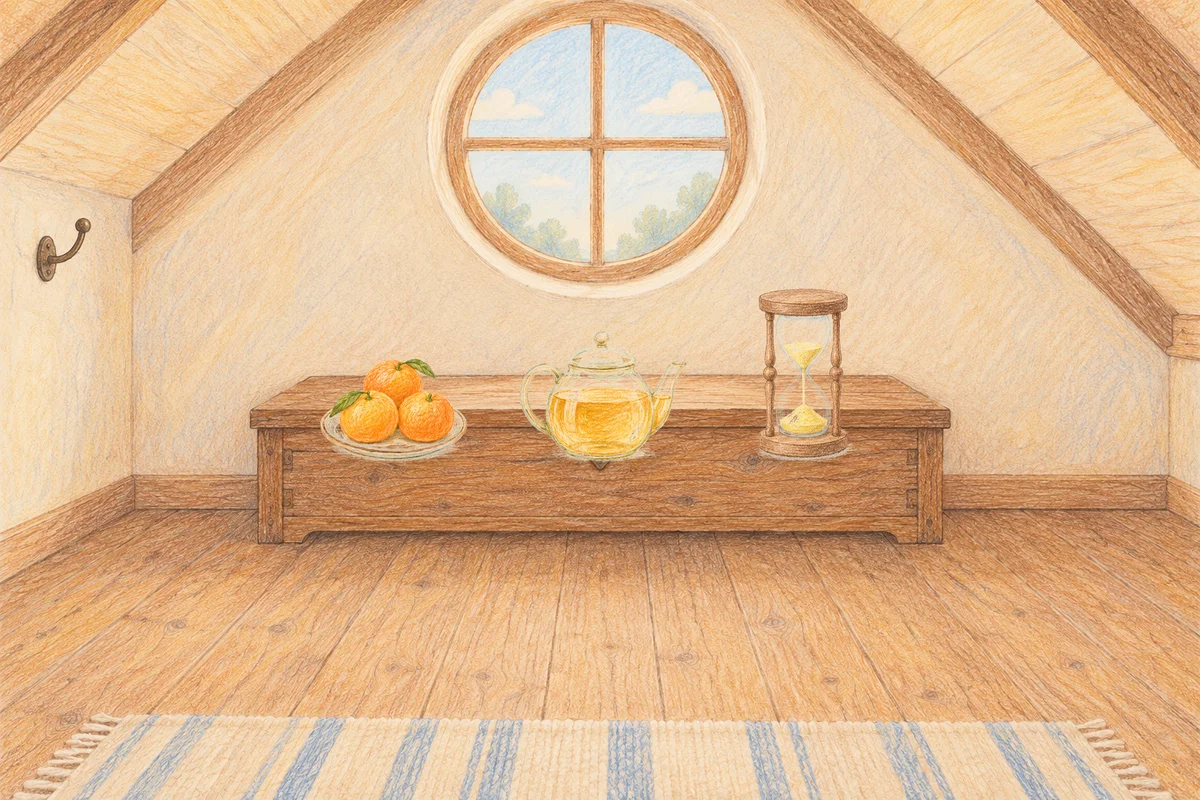 휘경동 여성전용 목 어깨 케어 안내 그림, 낮의 다락방 나무 궤짝 위에 놓인 귤이 담긴 접시, 유리 티포트, 모래시계