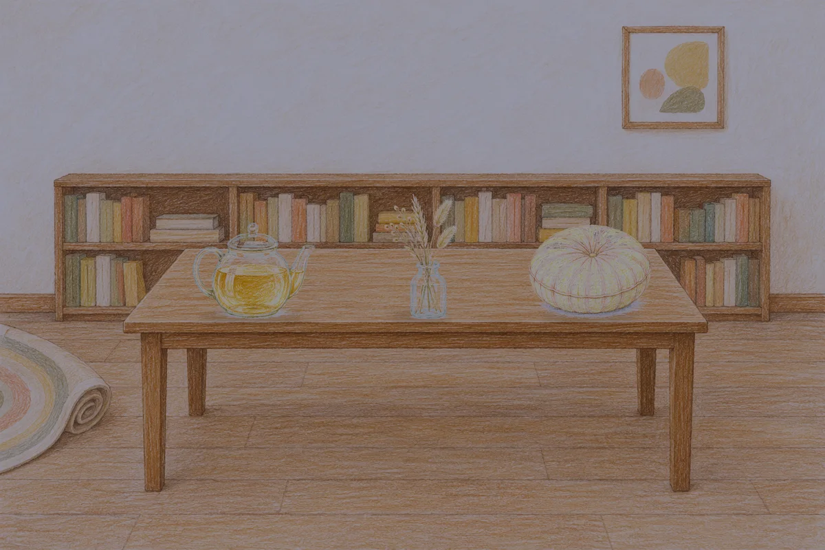 휘경동 여성전용 수면 케어 안내 그림, 밤의 서재 긴 책상 위에 놓인 유리 티포트, 마른 풀을 꽂은 항아리, 둥근 쿠션