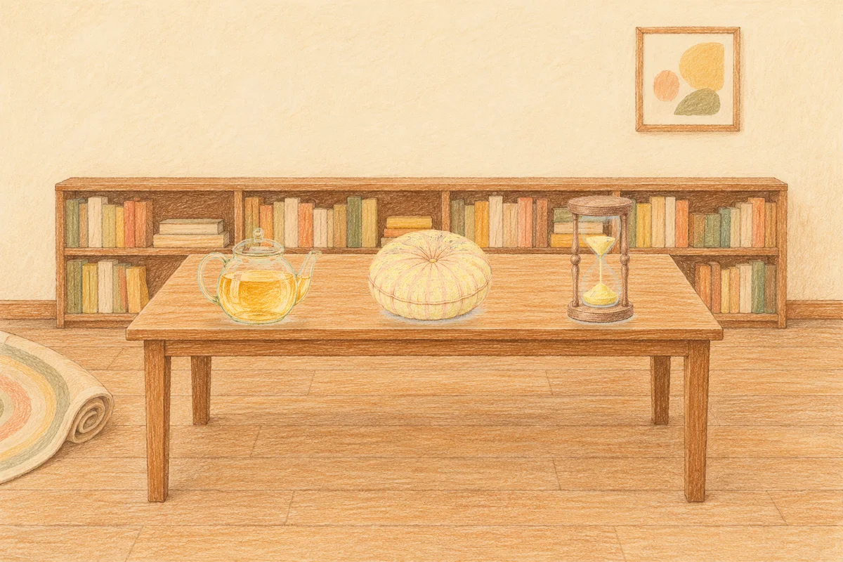 휘경동 여성전용 피로 회복 마사지 안내 그림, 낮의 서재 긴 책상 위에 놓인 유리 티포트, 둥근 쿠션, 모래시계