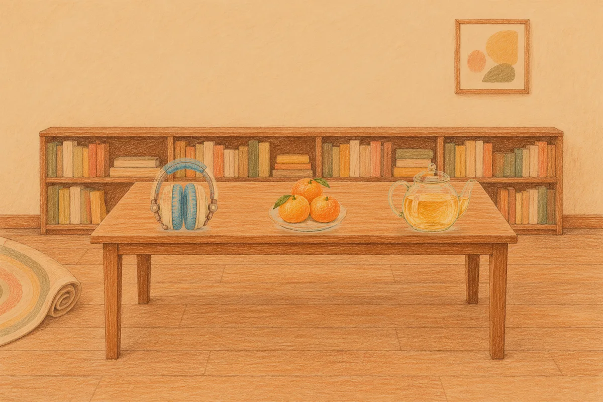 휘경동 여성전용 페이셜 마사지 안내 그림, 저녁의 서재 긴 책상 위에 놓인 헤드폰, 귤이 담긴 접시, 유리 티포트