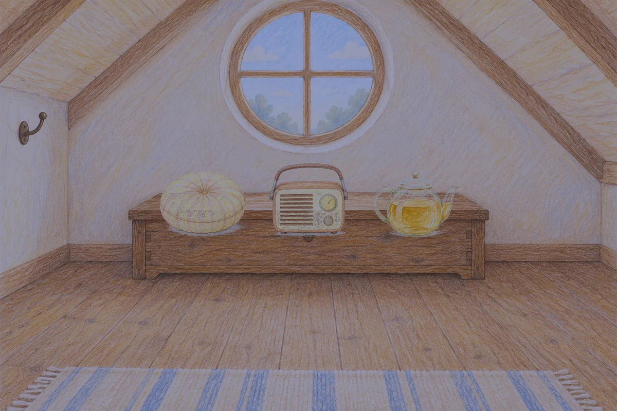 휘경동 여성전용 얼굴 마사지 안내 그림, 밤의 다락방 나무 궤짝 위에 놓인 둥근 쿠션, 작은 라디오, 유리 티포트
