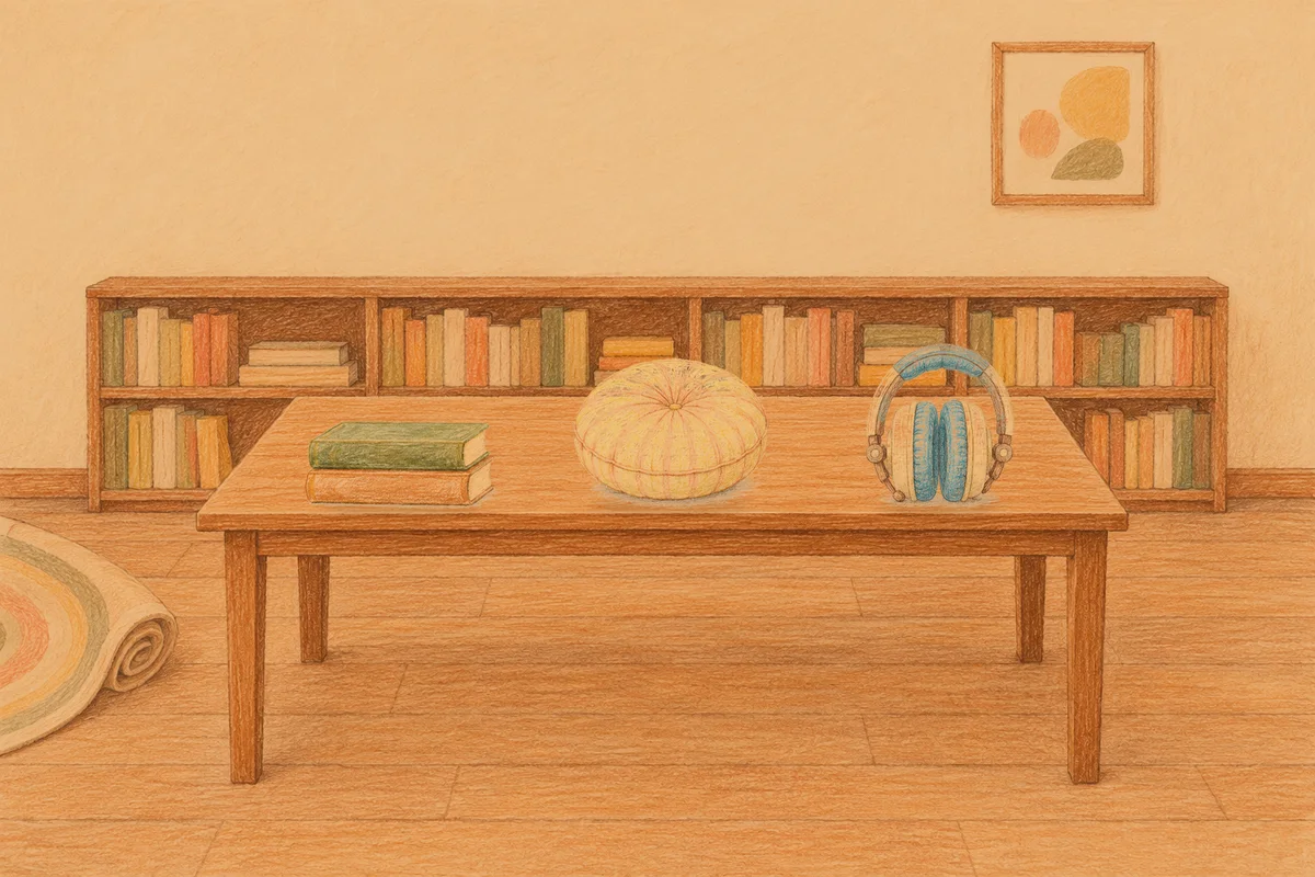 휘경동 여성전용 브라이덜 케어 안내 그림, 저녁의 서재 긴 책상 위에 놓인 책 두 권, 둥근 쿠션, 헤드폰
